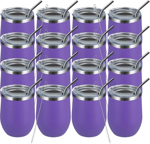 Miniatura 49 de MEWAY Vaso de vino sin tallo de 12 onzas con tapa, vaso de viaje de acero inoxidable con aislamiento de doble pared al vacío con popote, para Negro