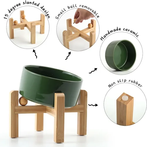Miniatura 2 de Petygooing Cuenco Elevado/Alzado de Cerámica Inclinado 15° para Perros de Razas Pequeñas y Medianas, Cuenco Inclinado Antideslizante para Verde óxido
