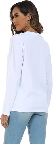 Miniatura 5 de LOVFEE Camiseta básica de algodón de manga larga con cuello redondo para mujer, ajuste holgado