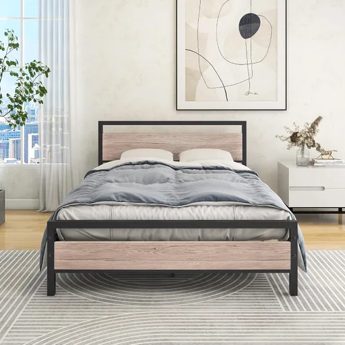 Miniatura 14 de HOJINLINERO Marco de cama individual con cabecera de madera, marco de cama de metal con plataforma individual, no necesita somier, listones de acero