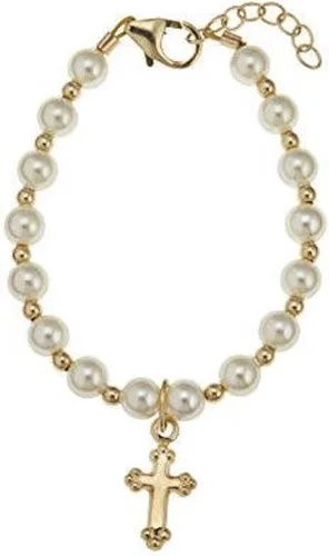 Miniatura 10 de Bautizo Cuentas rellenas de oro de 14 quilates Perlas de imitación europeas crema Pulsera de bebé de lujo con dije de cruz Pulsera unisex