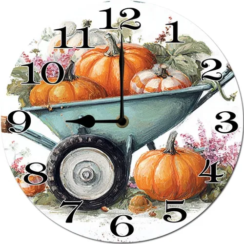 Miniatura 9 de Reloj colgante de madera con parche de calabaza, reloj de pared redondo de madera, silencioso, sin tictac, funciona con pilas, números arábigos