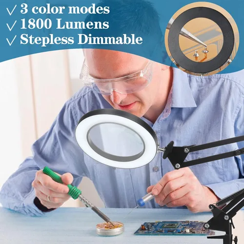Miniatura 8 de HITTI Lupa de Aumento 10X con Luz y Soporte, Atenuación Continua 3 Modos de Color Lupa LED Iluminada, Lámpara de Escritorio Manos Libres