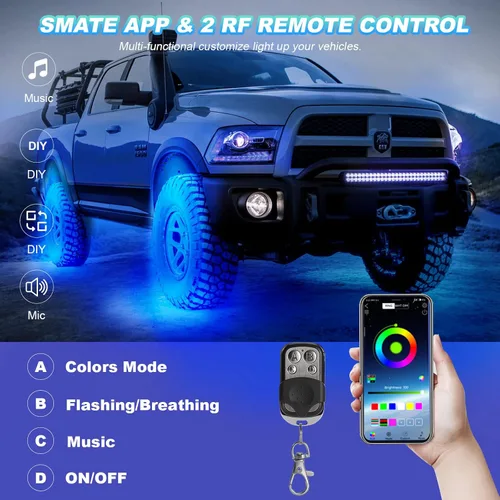 Miniatura 5 de 8 vainas RGB LED Rock Lights para Jeeps, camiones, carrito de golf, ATV, UTV RZR, SUV, todoterreno, kit impermeable multicolor con aplicación, modo