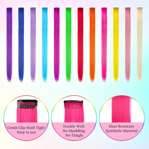Miniatura 3 de Kyerivs 48 extensiones de cabello con clip de colores, regalo para niñas, extensiones de cabello arcoíris de 20 pulgadas para niñas, accesorios