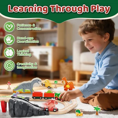 Miniatura 3 de Lehoo Castle Juego de tren de madera - Juego de tren de dinosaurio para niños pequeños de 2 a 4 años, pista de tren de madera, juguetes para niños