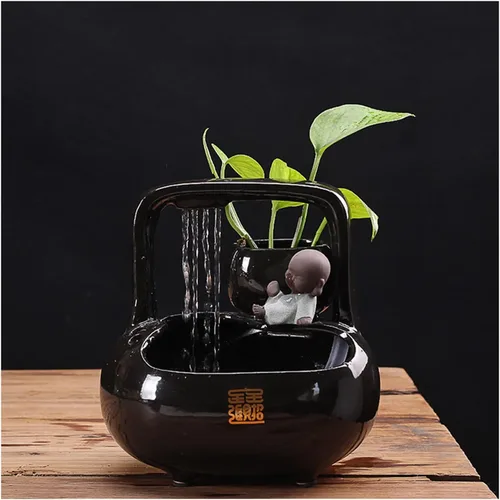 Fuente de mesa Ndoor Zen, fuente de cerámica, fuente de mesa, fuente de mesa de cascada de cerámica negra brillante para oficina, decoración del