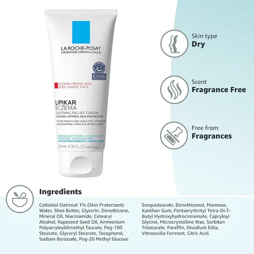 Miniatura 10 de La Roche-Posay Lipikar Crema Calmante de Alivio para Eccema, Loción Facial y Corporal Para Eccema y Piel Sensible y Seca, Hidratante con Avena
