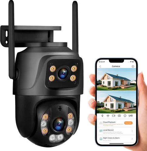 Cámara de seguridad para exteriores de 6 MP, sistema de vigilancia PTZ de 360°, enlace de doble lente 2.4Ghz 24/7 Record IP67 Cámara WiFi para