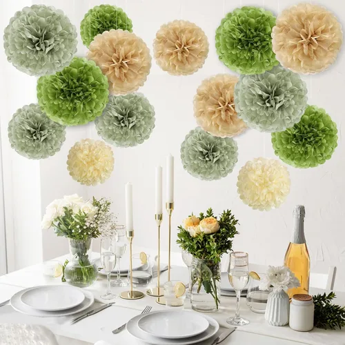 Miniatura 8 de Pompones de Papel de Seda Verde Oliva Salvia Decoraciones de Fiesta Safari Selva Flores de Papel Decoraciones Verde Natural Boho Decoración Colgante
