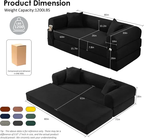 Miniatura 2 de Sofá cama convertible de 80 pulgadas, sofá cama plegable de pana con almohadas, sofá de compresión moderno sin hueso sin montaje, sofá de compresión