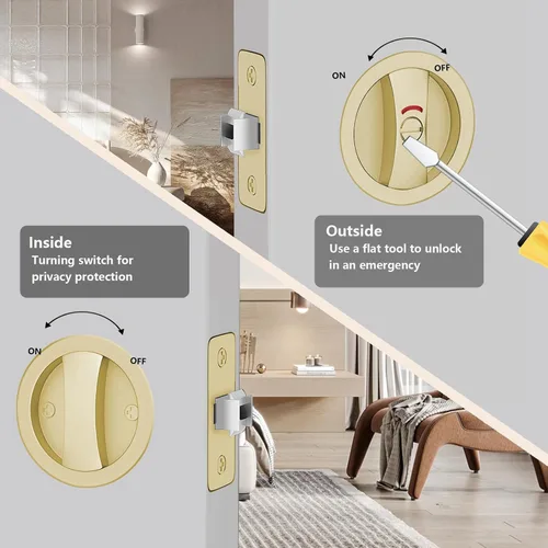 Miniatura 6 de Cerradura de puerta de bolsillo redondo con indicador, 1 paquete de accesorios contemporáneos de privacidad para puerta, pestillo de puerta de Oro