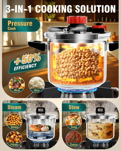 Miniatura 3 de WantJoin Olla a presión de 4 cuartos – Recipiente a presión de acero inoxidable 3 en 1 compatible con cocina de gas y de inducción, dispositivos