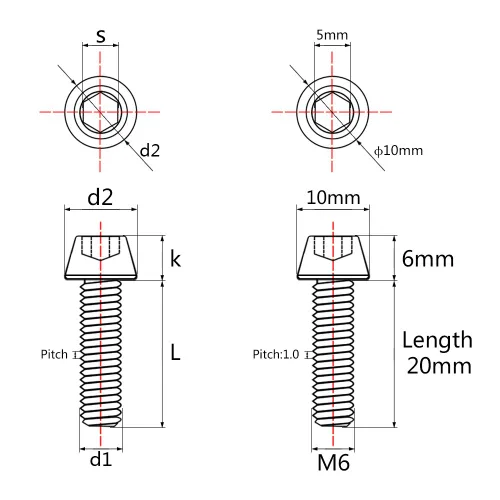 Miniatura 2 de Titanio Ti M6 x 10 16 18 20 25 30 35 40 45 50 55 60 2.559 in Allen - Tornillos hexagonales de 2.559 in, tornillos cónicos, paquete de 4