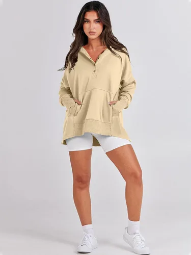 Miniatura 9 de ANRABESS Sudadera casual con botones y cuello en V para mujer, sudadera de gran tamaño con capucha y bolsillos