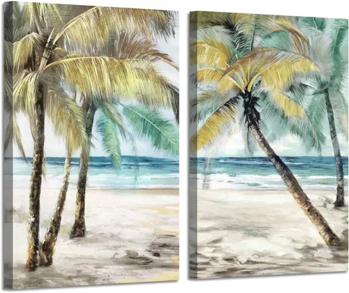 Miniatura 11 de ARTISTIC PATH Arte de Pared en Lienzo de Playa Tropical - 2 Piezas Pintura de Palmeras Imágenes de Paisajes Costeros del Océano Impresiones