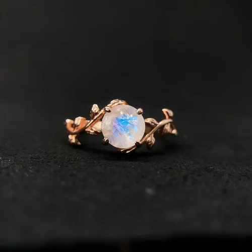 Miniatura 6 de ASANA - Anillo de compromiso único de piedra lunar para mujer, oro rosa de 14 quilates sobre plata de ley, anillo de compromiso único, banda