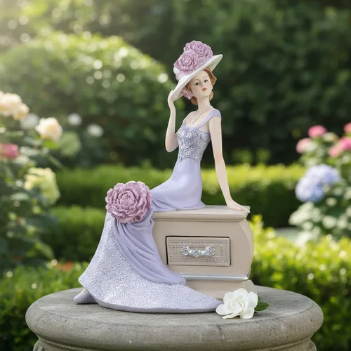 Miniatura 2 de Comfy Hour Figura de vestido de dama victoriana en lavanda, elegante estatua de mujer sentada en la base decorativa del pecho, acento de decoración