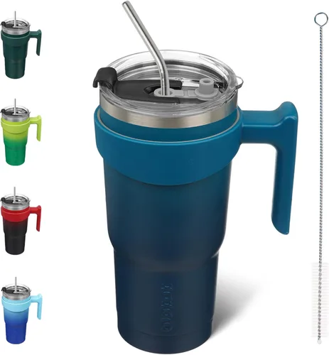 Miniatura 40 de BJPKPK Vaso con asa de acero inoxidable de 20 onzas, con aislamiento de doble pared, con tapa y pajita, color rosa claro A-rosa claro