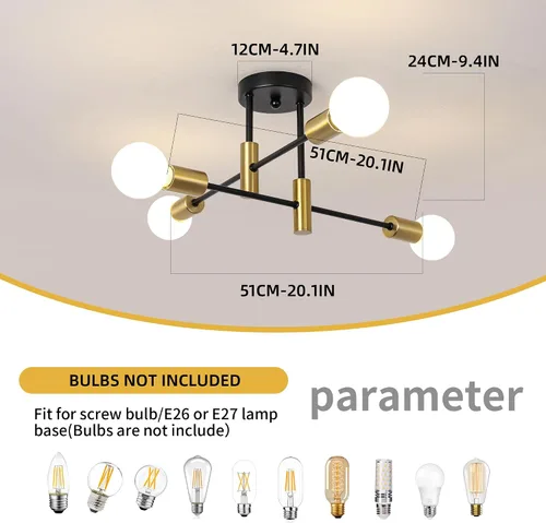 Miniatura 3 de Garwarm Paquete de 2 lámparas de techo Sputnik de montaje industrial semiempotrado de 4 luces, lámpara Sputnik moderna negra y dorada para porche