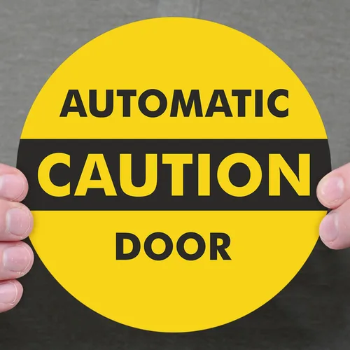 Miniatura 8 de SmartSign, calcomanía para vidrio de doble cara con leyenda "Caution: Automatic Door 2-Sided Message", círculo de 6 pulgadas de diámetro
