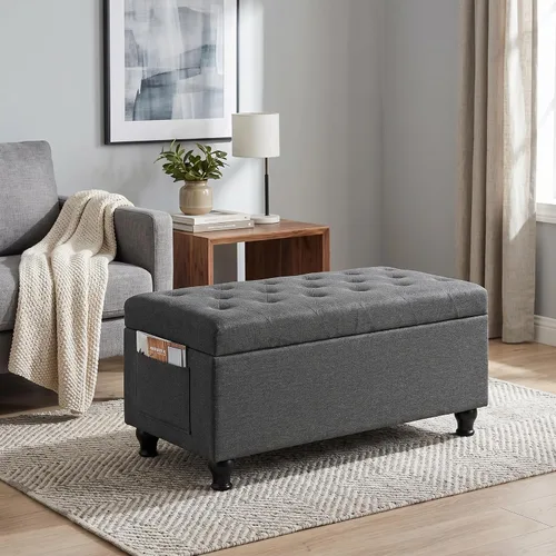 Miniatura 11 de Otomana rectangular de 24 pulgadas, color beige con almacenamiento para sala de estar Upholstered Fabric Shoe Bench and Footrest with Safety Hinge