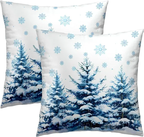 Juego de 2 Fundas de Almohada Bosque Nevado, Copos de Nieve Azules Pinos Cuadradas Funda Decorativa de Cojín Algodón Suave Blanco 18x18 Pulgadas