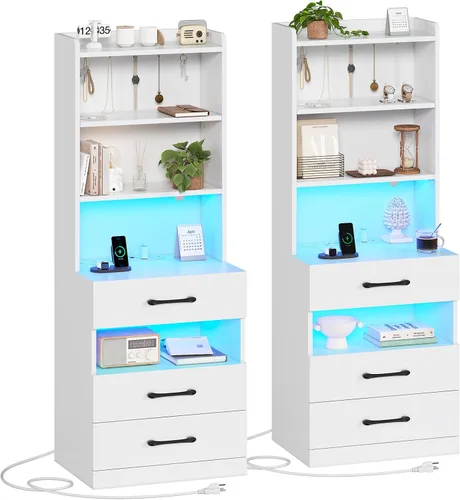 Miniatura 10 de AOGLLATI Mesita de noche alta con estación de carga y luces LED, mesita de noche con 3 cajones y estantes de almacenamiento, mesita de noche