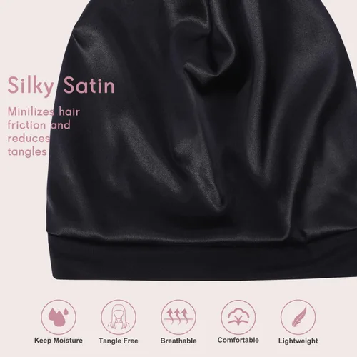 Miniatura 4 de Hat Hut Gorro de satén de seda para el cabello, gorro de dormir para cabello rizado, gorro ajustable con forro de seda con orejas