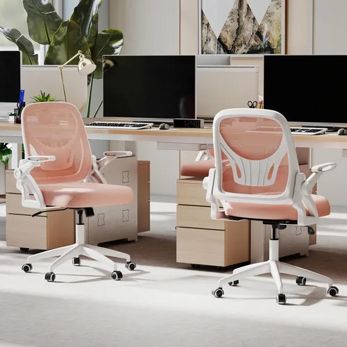 Miniatura 9 de COSTWAY Silla de oficina, cómoda silla giratoria de escritorio con altura ajustable y reposabrazos abatibles, sillas ergonómicas de malla para Rosa