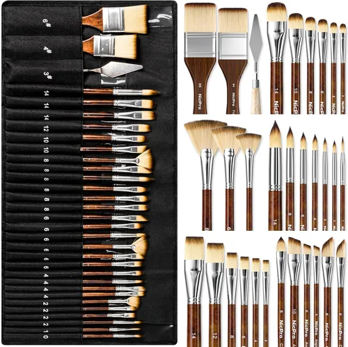 Nicpro Juego de 30 pinceles de pintura, pinceles profesionales con espátula de pintura y rollo de tela, pinceles de pintura para acrílico, óleo,