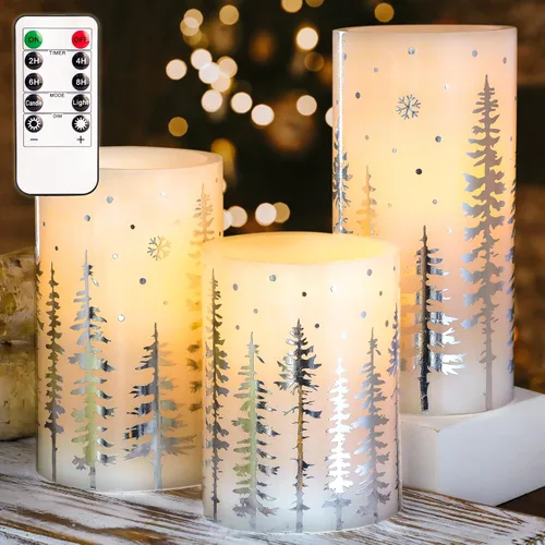 Velas sin llama de Navidad, operadas por batería, árbol de Navidad plateado con estampado en caliente LED Velas parpadeantes con control remoto y