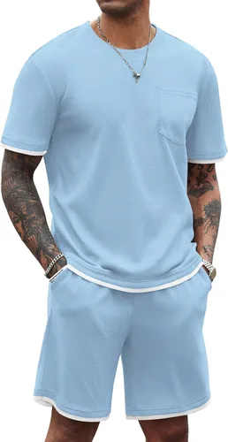 Miniatura 76 de COOFANDY Conjunto de camisa y pantalones cortos de gofre para hombre, conjunto de 2 piezas, conjunto casual de verano con bolsillos