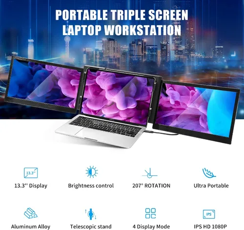 Miniatura 2 de Alecewey P2 PRO - Monitor portátil triple para pantalla de laptop, pantalla IPS FHD de 13.3 pulgadas 1080p, soporte Type-C/PD/TF, MacBook M1/M2