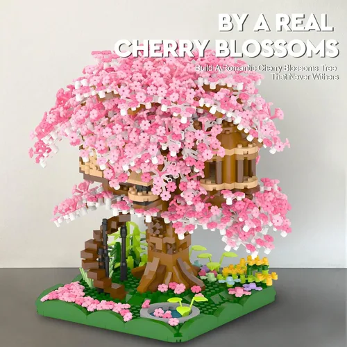 Miniatura 5 de Vziimo Juego de construcción de árbol bonsái en flor de cerezo, juego de modelo de casa de árbol Sakura japonés para adultos, 2028 piezas de mini