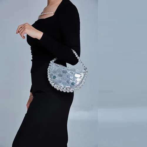 Miniatura 7 de Uhawi Bolso de mano con diamantes de imitación para mujer, bolso de noche con purpurina brillante, hecho a mano, fiesta, boda, plateado