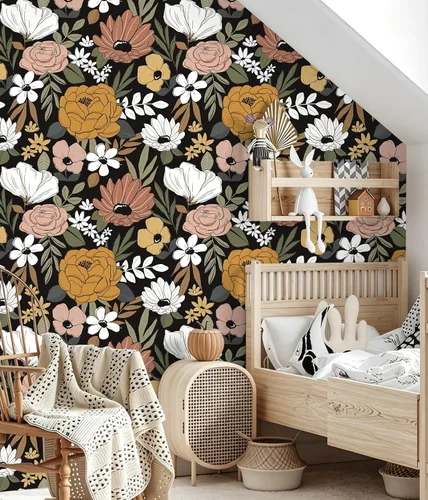 Miniatura 3 de HAOKHOME Papel pintado vintage grande floral de despegar y pegar, extraíble, hojas de margarita, negro/arena/oliva, vinilo autoadhesivo, mural, 17.7