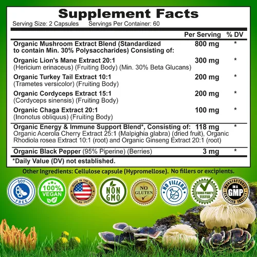 Miniatura 6 de Complejo orgánico de hongos: melena de león, cola de pavo, cordyceps, chaga, contiene beta-glucanos naturales - Mezcla de energía orgánica y apoyo