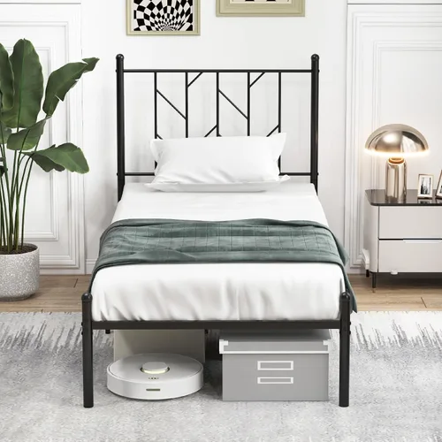 Miniatura 9 de Giantex Base de cama de metal negro individual con cabecera de estilo victoriano, marco de cama de plataforma de 12.5 pulgadas con soporte de 14