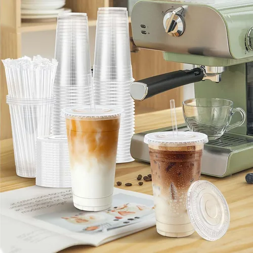 Miniatura 8 de Clawsoff Paquete de 100 vasos desechables de plástico transparente de 20 onzas con tapas y popotes, a prueba de fugas, resistentes a las fugas