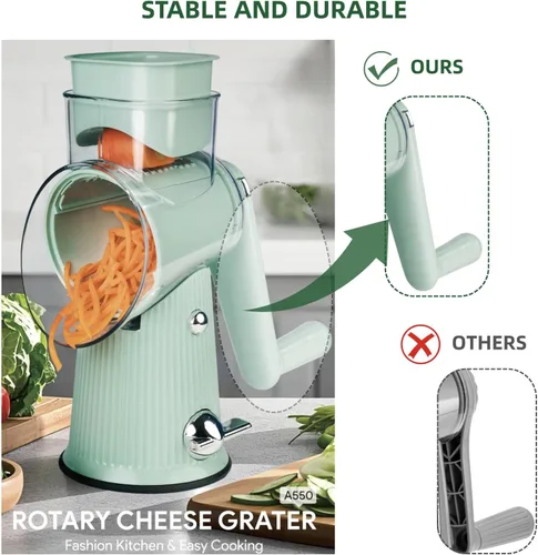 Miniatura 7 de TOPAA Rallador de queso rotativo con mango Triturador de verduras con 5 cuchillas, rebanadora de mandíbula redonda y picadora de alimentos para Verde