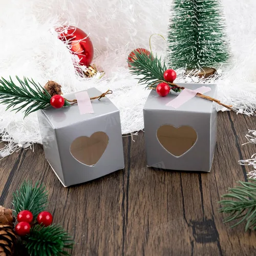 Miniatura 6 de AUEAR, Paquete de 50 cajas de regalo Kraft con ventana de corazón de plástico transparente de 2 x 2 x 2 pulgadas, regalo gris para pasteles, dulces