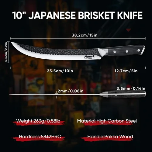 Miniatura 7 de Huusk Cuchillo de carnicero para cortar carne, cuchillos curvados de 10 pulgadas con mango de madera, cuchillos japoneses para rebanar pechuga