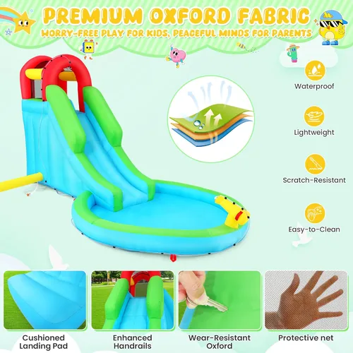 Miniatura 6 de Tobogán acuático inflable para niños, parque acuático 5 en 1 con tobogán para húmedo y seco, toboganes acuáticos inflables de 13 x 8.3 x 7.1 pies