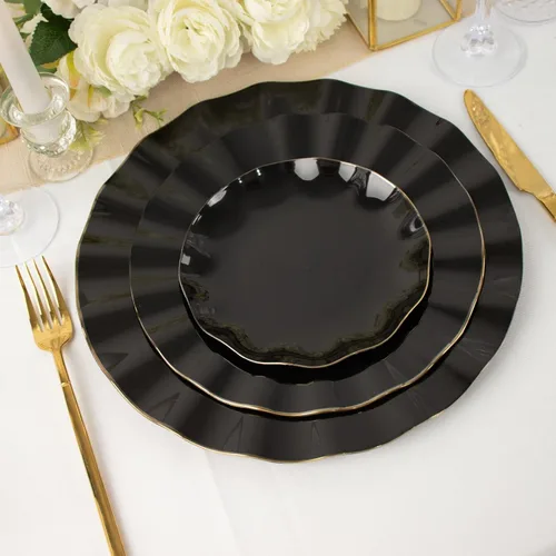 Miniatura 4 de Tableclothsfactory Paquete de 10 platos redondos de plástico negro de 6 pulgadas para ensalada de postre, platos desechables con borde ondulado