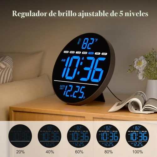 Miniatura 3 de WallarGe Reloj de pared digital grande con pantalla LED, reloj de pared eléctrico con temperatura, DST automático, fecha y día, brillo de 5 niveles