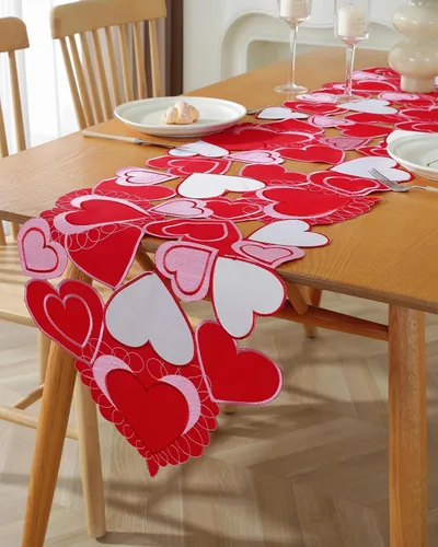 Miniatura 29 de Camino de mesa para el día de San Valentín, decoración del día de San Valentín, 70 pulgadas de largo, bordado rojo y rosa, camino de mesa de corazón