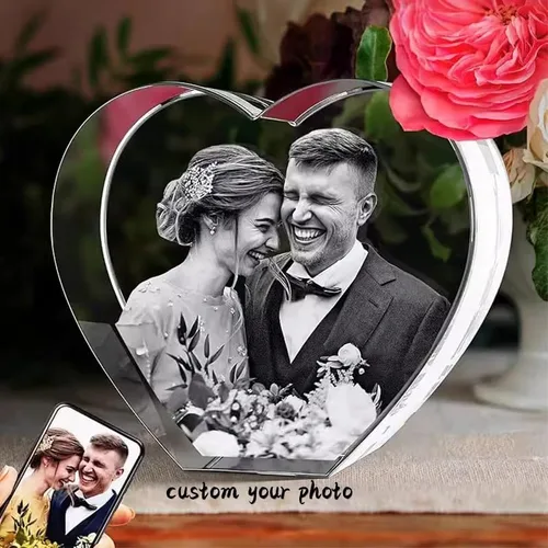 Miniatura 7 de Marco de corazón de cristal con foto 3D personalizado, imágenes 3D grabadas con láser, regalos conmemorativos de aniversario de boda para parejas