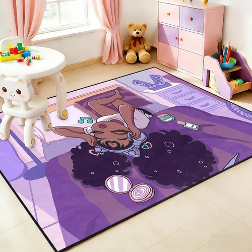 Miniatura 18 de Alfombra de área para dormitorio de niñas negras africanas, alfombra para sala de estar, sala de juegos, azul, lindo anime de dibujos animados