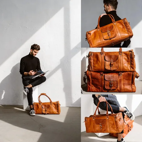 Miniatura 2 de Berliner Bags Bolsa de lona de cuero vintage New York para viajes o el gimnasio, bolsa de noche para hombres y mujeres, marrón (Brown XL), Vintage
